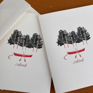 Jeu de cartes de correspondance pliées Illustration au bord du lac, Je pense à vous, Canoë, Merci à Lake House, Sports nautiques sur le lac, Camp de nuit