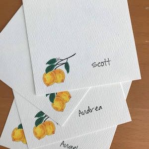 Zitronen-Kunst-Namenskarten, personalisierter Sitzplatz, leere Namenskarten, Hochzeits-Sitzplatzkarten, Zeltkarten, Zitronen-Party-Thema, zugeordnete Sitzordnung