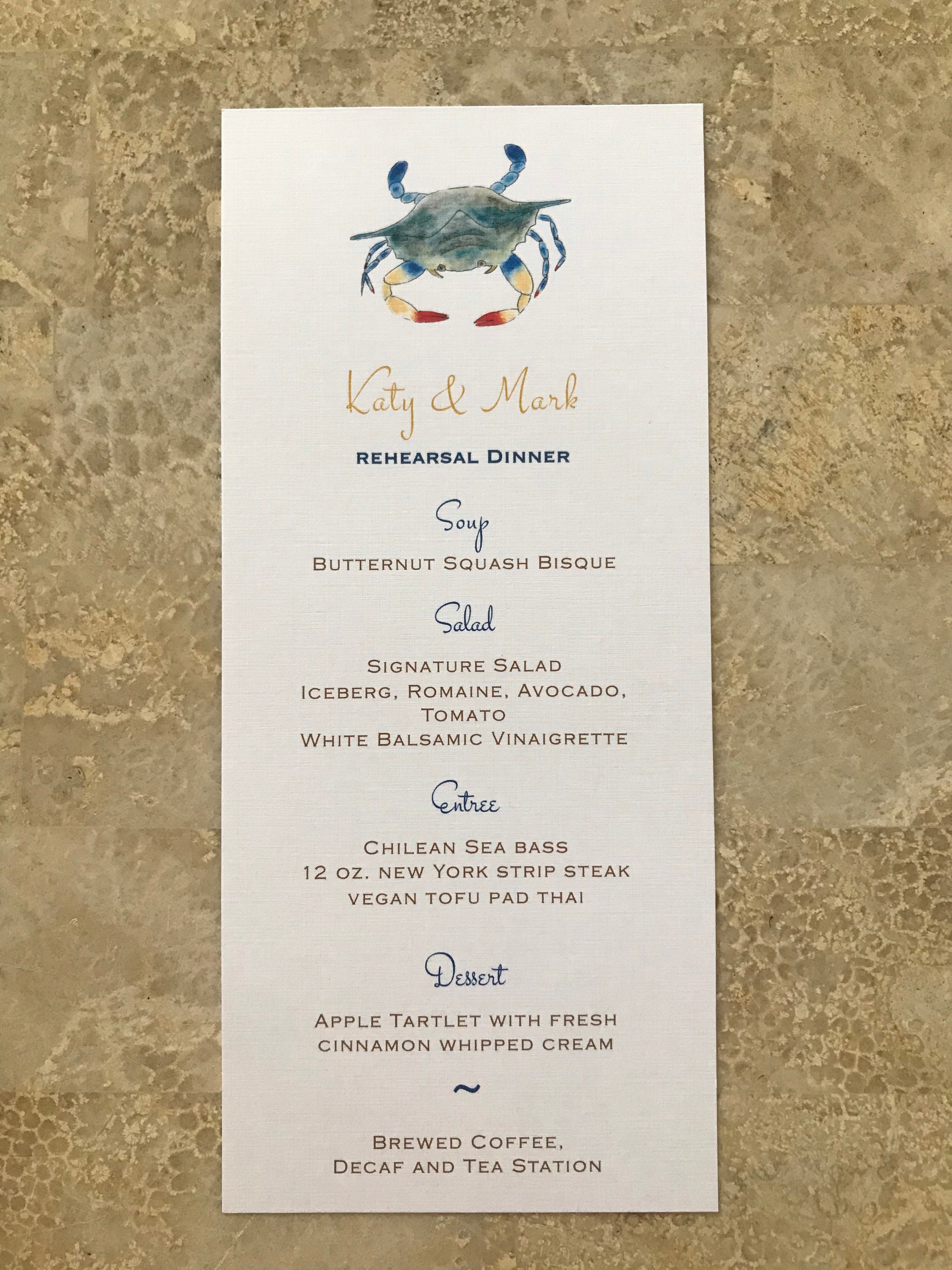 Blue Crab Printed Event Menu Elegant Personalized Menu Birthday Menu Maryland Crab Nautical Event Retirement Rehearsal Dinner Beachy Etsy