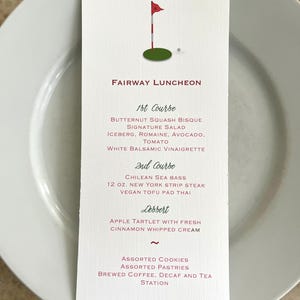 Gepersonaliseerd evenementmenu Golf 18e T-shirt ontwerp, elegant repetitiedinermenu, gepersonaliseerd menu, menu verjaardagsfeestje, toernooilunch
