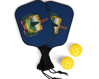 Vermont State Flagge Pickleball Sport-Set, Qualität 7,5 x 15,5 "Polycotton Holzpaddles, Schlägerdruck auf beiden Seiten Pickleballs und Etui.