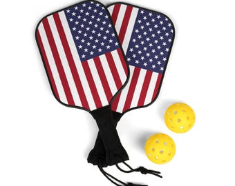 USA Flag Pickleball Paddle Set: Wooden Patriotic Sports Gift