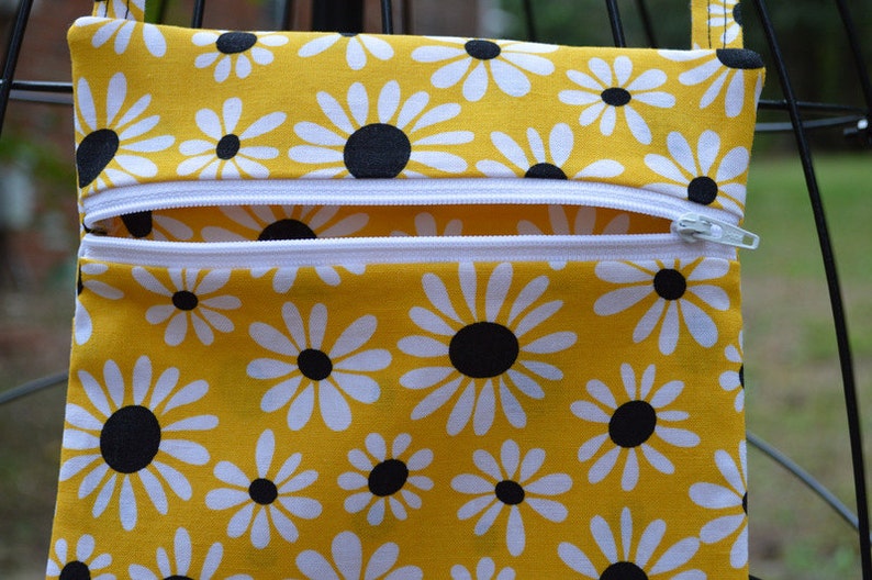 Handmade Floral Daisies on Yellow Sling Bag, Cross Body Bag, Hipster, Travel Bag free shipping image 3
