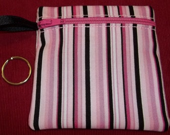 Handmade - Hot Pink and Black Stripe Zippered - Keychain Wallet Coin fabric Gift Card Holder