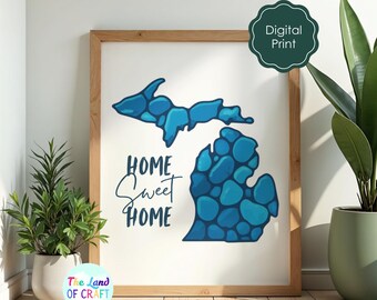 Michigan Map Print, Leland Blue Stone “Home Sweet Home”, Printable Wall Art