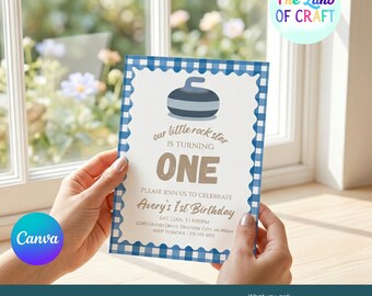 Curling First Birthday Invitation, Little Rock Star Boy, Editable Canva Template