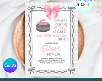 Curling First Birthday Invitation, Little Rock Star Girl Party Invite, Editable Canva