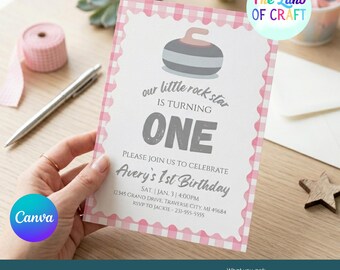 Curling First Birthday Invitation, Little Rock Star Girl, Editable Canva Template