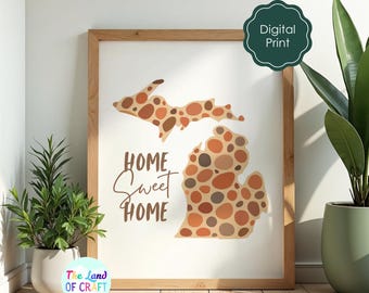 Michigan Map Print, Pudding Stone “Home Sweet Home”, Printable Wall Art