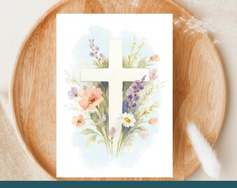 Easter or Sympathy Card Printable, Religious Watercolor Cross Greeting, Instant Download