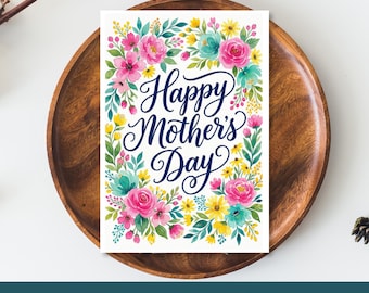 Mother’s Day Floral Card Printable, Colorful Flower Greeting Card, Instant Download