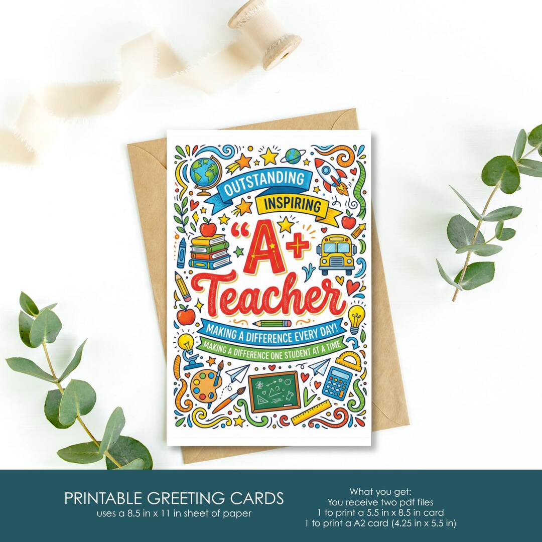 Teacher Appreciation Card Printable | A+ Teacher | End of Year Gift - Etsy