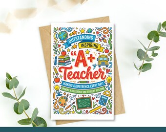 Teacher Appreciation Card Printable | A+ Teacher | End of Year Gift
