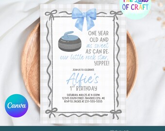 Curling First Birthday Invitation, Little Rock Star Boy Party Invite, Editable Canva