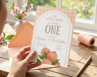 Peach First Birthday Invitation | Little Peach Party Invite | Editable Canva Template