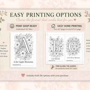 Baby in Bloom printable baby shower ABC book with easy printing options for 5x7 and 8.5x11 sizes. Floral alphabet coloring pages A–Z designed for home printing or local print shops like Staples and Office Depot. Printable baby shower keepsake activity featuring trim guides, floral baby shower decor, and instant digital download files for Baby’s First ABC Book.