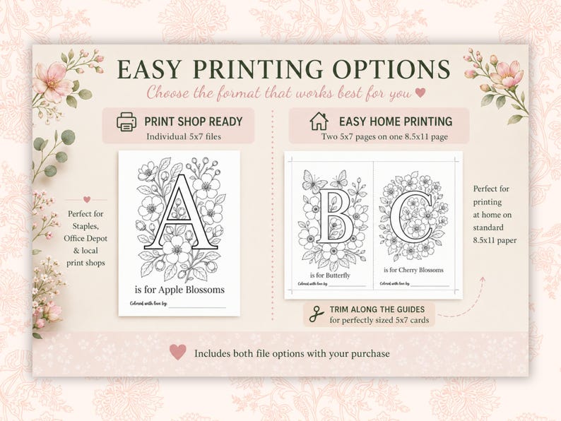 Baby in Bloom printable baby shower ABC book with easy printing options for 5x7 and 8.5x11 sizes. Floral alphabet coloring pages A–Z designed for home printing or local print shops like Staples and Office Depot. Printable baby shower keepsake activity featuring trim guides, floral baby shower decor, and instant digital download files for Baby’s First ABC Book.