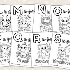 Woodland baby shower ABC coloring book printable featuring alphabet coloring pages for letters L through Z with cute woodland animals and nature themes. Includes porcupine, quail, raccoon, squirrel, toad, unicorn flower, violet, woodland cat, xyris flower, yellowthroat bird, and zinnia coloring pages. Printable baby shower activity and keepsake guest book alternative for a gender neutral woodland baby shower.