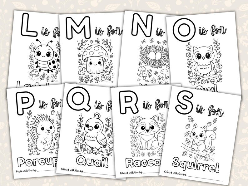 Woodland baby shower ABC coloring book printable featuring alphabet coloring pages for letters L through Z with cute woodland animals and nature themes. Includes porcupine, quail, raccoon, squirrel, toad, unicorn flower, violet, woodland cat, xyris flower, yellowthroat bird, and zinnia coloring pages. Printable baby shower activity and keepsake guest book alternative for a gender neutral woodland baby shower.