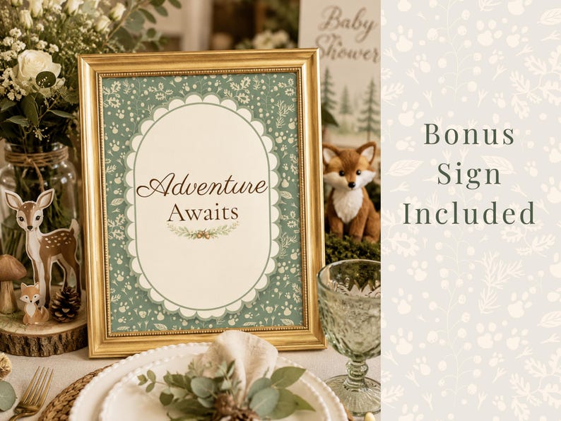 Woodland baby shower bonus printable sign featuring an “Adventure Awaits” woodland decor sign in a gold frame with rustic forest-themed baby shower styling. Printable woodland baby shower sign with watercolor greenery, woodland animals, and neutral baby shower decor. Bonus printable included with woodland ABC book keepsake activity for a gender neutral baby shower.