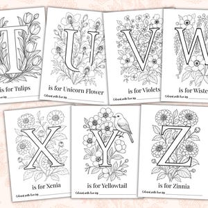 Baby in Bloom floral alphabet coloring pages A–Z for baby shower guests to color and sign. Printable ABC book pages featuring flowers, butterflies, woodland-inspired botanicals, and personalized keepsake activity for Baby’s First ABC Book. Elegant floral baby shower game and instant download printable for creating a meaningful baby keepsake.