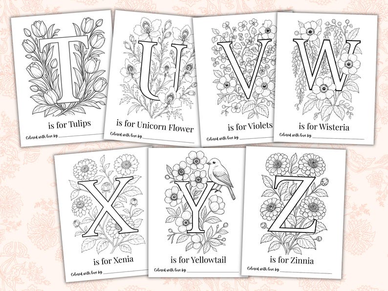 Baby in Bloom floral alphabet coloring pages A–Z for baby shower guests to color and sign. Printable ABC book pages featuring flowers, butterflies, woodland-inspired botanicals, and personalized keepsake activity for Baby’s First ABC Book. Elegant floral baby shower game and instant download printable for creating a meaningful baby keepsake.