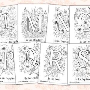 Baby in Bloom floral alphabet coloring pages A–Z for baby shower guests to color and sign. Printable ABC book pages featuring flowers, butterflies, woodland-inspired botanicals, and personalized keepsake activity for Baby’s First ABC Book. Elegant floral baby shower game and instant download printable for creating a meaningful baby keepsake.