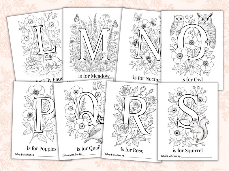 Baby in Bloom floral alphabet coloring pages A–Z for baby shower guests to color and sign. Printable ABC book pages featuring flowers, butterflies, woodland-inspired botanicals, and personalized keepsake activity for Baby’s First ABC Book. Elegant floral baby shower game and instant download printable for creating a meaningful baby keepsake.