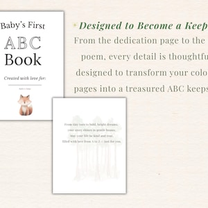 Woodland baby shower ABC coloring book printable featuring dedication page and closing poem page, shown in soft neutral layout with fox illustration and forest background, designed to become a keepsake memory book.