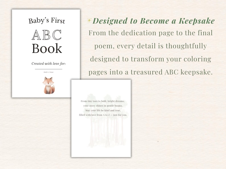 Woodland baby shower ABC coloring book printable featuring dedication page and closing poem page, shown in soft neutral layout with fox illustration and forest background, designed to become a keepsake memory book.