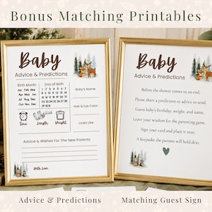Woodland baby shower bonus matching printables featuring Advice & Predictions cards and a matching guest instruction sign in elegant gold frames. Printable woodland baby shower decor with rustic forest theme styling, watercolor woodland animals, and coordinating keepsake activity signs. Gender neutral baby shower printable bundle included with woodland ABC coloring book keepsake game.