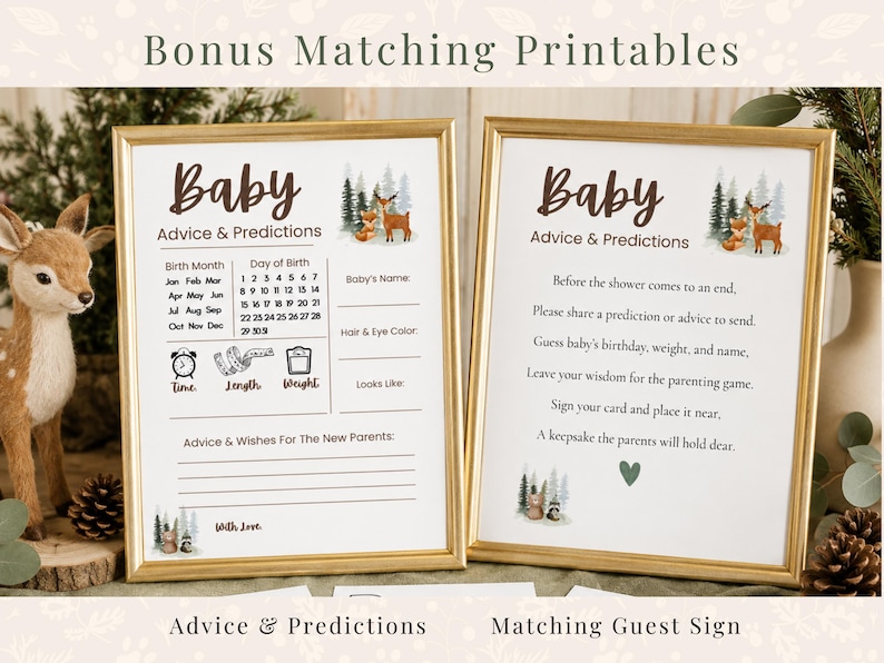 Woodland baby shower bonus matching printables featuring Advice & Predictions cards and a matching guest instruction sign in elegant gold frames. Printable woodland baby shower decor with rustic forest theme styling, watercolor woodland animals, and coordinating keepsake activity signs. Gender neutral baby shower printable bundle included with woodland ABC coloring book keepsake game.