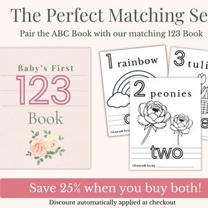 Baby shower ABC and 123 bundle printable, floral baby shower games, ABC coloring book and number book set, pink peony theme baby activity keepsake.