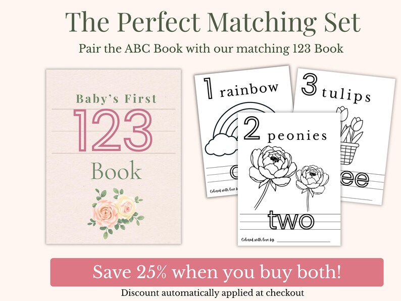 Baby shower ABC and 123 bundle printable, floral baby shower games, ABC coloring book and number book set, pink peony theme baby activity keepsake.