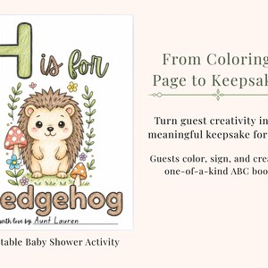 Woodland baby shower ABC coloring book printable featuring a personalized hedgehog coloring page turned into a keepsake for baby. Printable baby shower activity where guests color and sign alphabet pages to create a meaningful ABC memory book. Gender neutral woodland baby shower game with cute forest animals, rustic theme decor, and DIY baby keepsake idea.