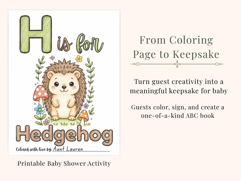 Woodland baby shower ABC coloring book printable featuring a personalized hedgehog coloring page turned into a keepsake for baby. Printable baby shower activity where guests color and sign alphabet pages to create a meaningful ABC memory book. Gender neutral woodland baby shower game with cute forest animals, rustic theme decor, and DIY baby keepsake idea.