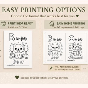 Woodland baby shower printable showing easy printing options for ABC coloring book pages, including individual 5x7 files for print shops and easy home printing with two 5x7 pages on one 8.5x11 sheet. Printable baby shower keepsake activity with trim guides included for easy cutting, gender neutral woodland baby shower decor, and DIY ABC memory book printing instructions.