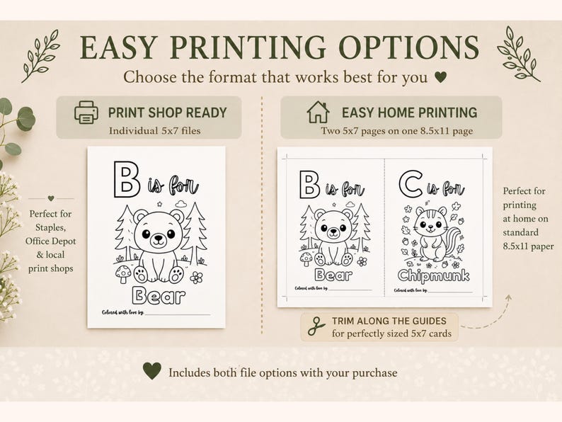 Woodland baby shower printable showing easy printing options for ABC coloring book pages, including individual 5x7 files for print shops and easy home printing with two 5x7 pages on one 8.5x11 sheet. Printable baby shower keepsake activity with trim guides included for easy cutting, gender neutral woodland baby shower decor, and DIY ABC memory book printing instructions.