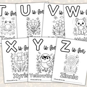 Woodland baby shower ABC coloring book printable featuring alphabet coloring pages for letters L through Z with cute woodland animals and nature themes. Includes porcupine, quail, raccoon, squirrel, toad, unicorn flower, violet, woodland cat, xyris flower, yellowthroat bird, and zinnia coloring pages. Printable baby shower activity and keepsake guest book alternative for a gender neutral woodland baby shower.