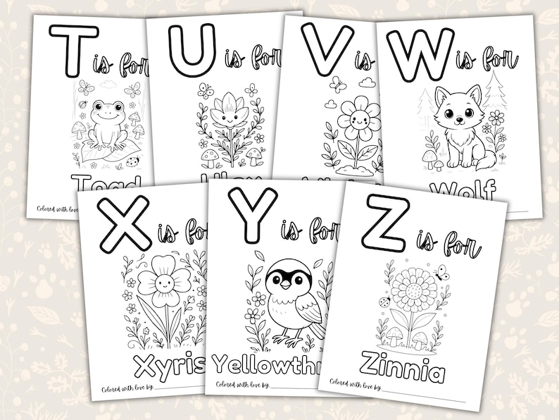 Woodland baby shower ABC coloring book printable featuring alphabet coloring pages for letters L through Z with cute woodland animals and nature themes. Includes porcupine, quail, raccoon, squirrel, toad, unicorn flower, violet, woodland cat, xyris flower, yellowthroat bird, and zinnia coloring pages. Printable baby shower activity and keepsake guest book alternative for a gender neutral woodland baby shower.