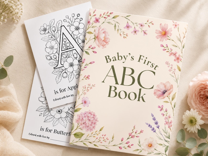 Baby in Bloom ABC Coloring Book, Baby Shower Keepsake, Digital Download