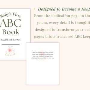 Baby in Bloom printable baby shower ABC book featuring floral dedication page and closing poem designed to create a meaningful keepsake for baby. Elegant blush pink botanical baby shower activity with personalized Baby’s First ABC Book pages, printable coloring book, and thoughtful keepsake details from A–Z.