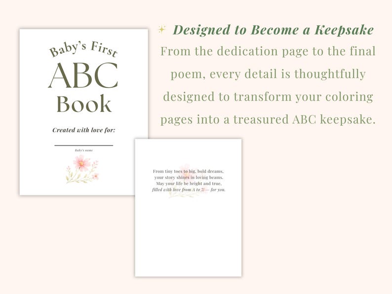 Baby in Bloom printable baby shower ABC book featuring floral dedication page and closing poem designed to create a meaningful keepsake for baby. Elegant blush pink botanical baby shower activity with personalized Baby’s First ABC Book pages, printable coloring book, and thoughtful keepsake details from A–Z.