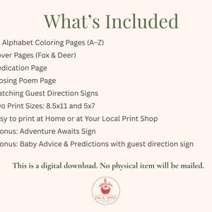 Woodland baby shower ABC book printable listing showing everything included in the digital download. Includes 26 alphabet coloring pages, fox and deer cover options, dedication page, closing poem, matching guest direction signs, 8.5x11 and 5x7 print sizes, Adventure Awaits bonus sign, and baby advice and predictions printable. Gender neutral woodland baby shower activity and keepsake guest book alternative.