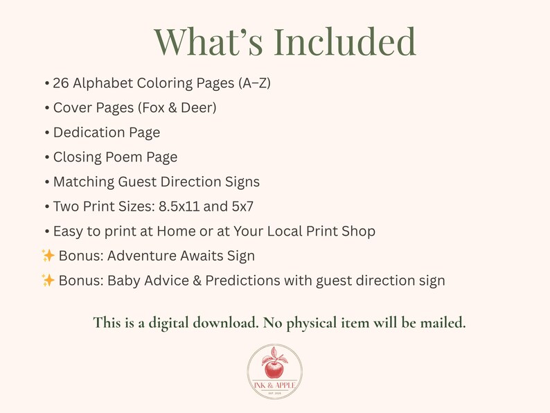 Woodland baby shower ABC book printable listing showing everything included in the digital download. Includes 26 alphabet coloring pages, fox and deer cover options, dedication page, closing poem, matching guest direction signs, 8.5x11 and 5x7 print sizes, Adventure Awaits bonus sign, and baby advice and predictions printable. Gender neutral woodland baby shower activity and keepsake guest book alternative.