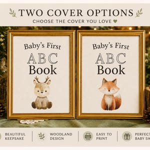 Baby shower ABC coloring book printable, woodland theme alphabet pages, baby shower activity and keepsake idea for guests to color A–Z.