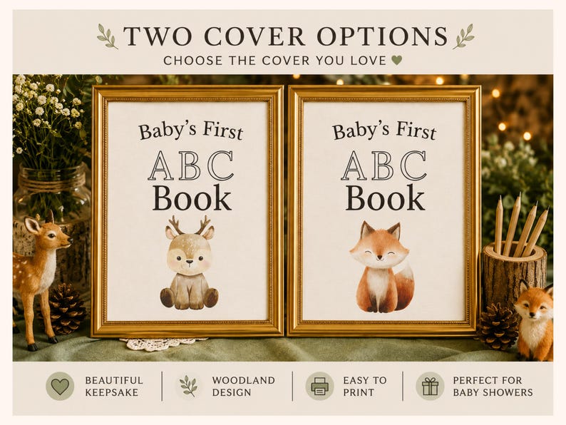 Baby shower ABC coloring book printable, woodland theme alphabet pages, baby shower activity and keepsake idea for guests to color A–Z.