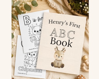 Woodland ABC Coloring Pages: Personalized Baby Shower Guest Book Activity (Digital Download)