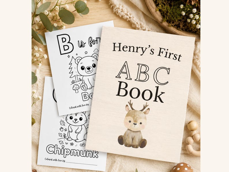 Woodland Baby Shower ABC Coloring Pages With Personalized Cover: A Keepsake Activity for Baby (Digital Download).