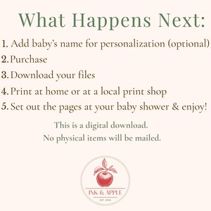 May include: Cream-colored digital download announcement with the text "What Happens Next:" followed by instructions for personalization, purchase, and printing. Includes an apple logo and the text "INK & APPLE".